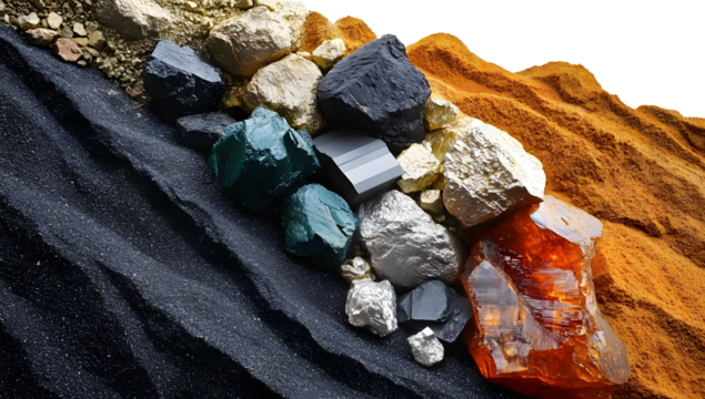 Mixture of various critical minerals and raw materials essential for modern technology, including solar panels, semiconductors, wind turbines, batteries, and transportation. Mine and mining. Copy s...