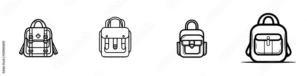 Poster set of minimalist line icons representing various backpack designs for casual and professional use