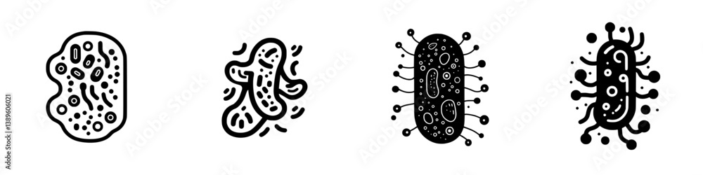 Poster collection of vector minimalist line icons depicting various bacteria and microorganisms in simple f
