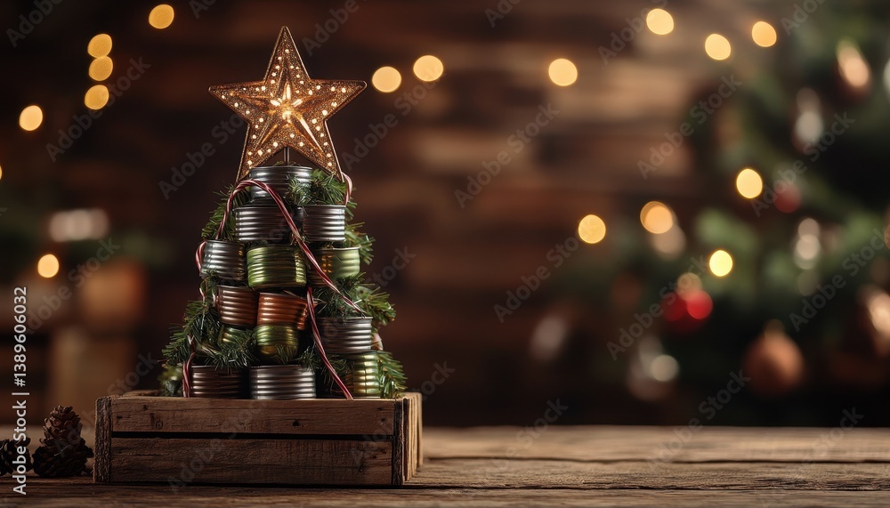 Poster decorative christmas tree stacked on wooden box with star topper and bokeh lights in a cozy indoor s