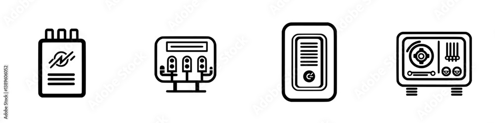 Poster collection of minimalist line icons depicting electronic components and devices used in modern techn
