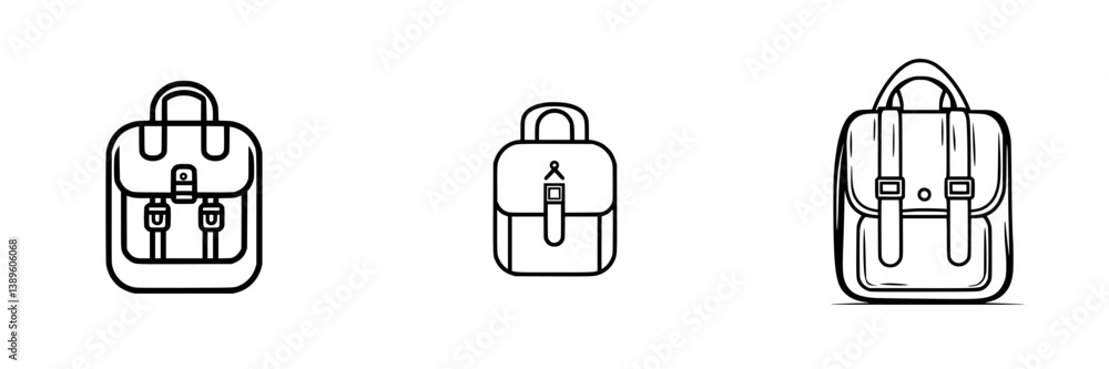 Poster minimalist line icons showcasing various styles of backpacks and bags for versatile uses in design p