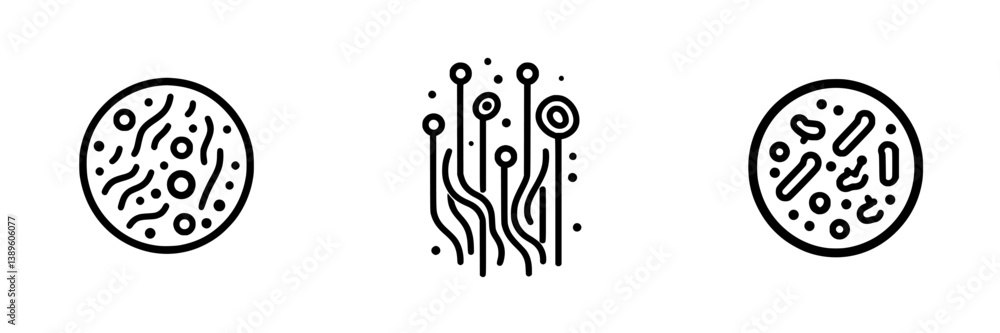 Poster collection of vector minimalist line icons depicting abstract cellular structures and microorganisms
