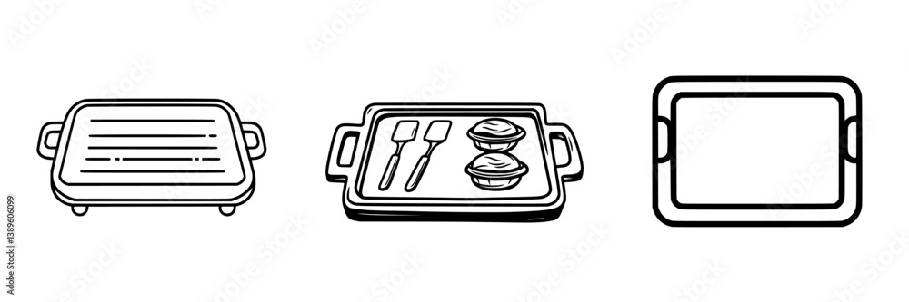 Poster vector minimalist line icons of different serving trays and utensils used for food presentation and 