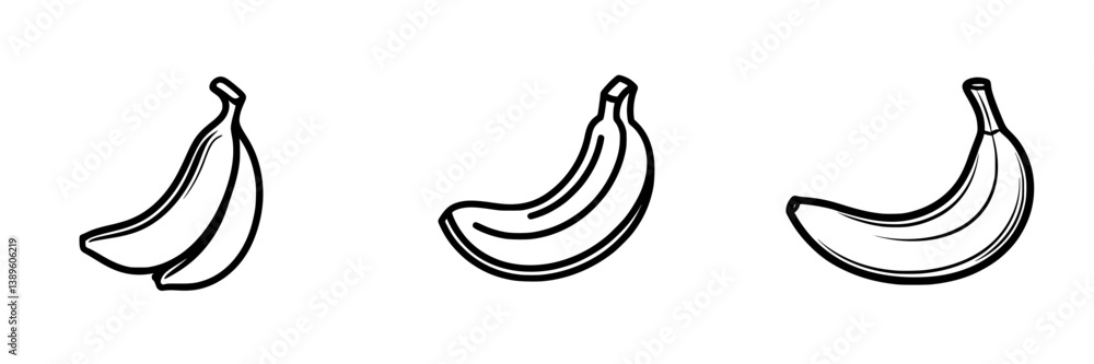 Poster collection of minimalist line icons depicting bananas in various orientations for design projects an