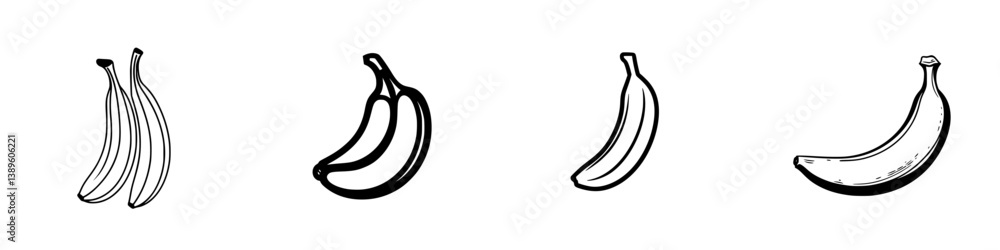 Poster collection of vector minimalist line icons featuring various banana illustrations in different style