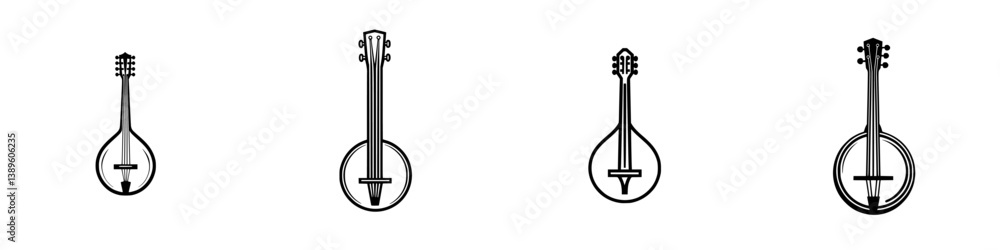 Poster collection of minimalist line icons representing various string instruments suitable for graphic des
