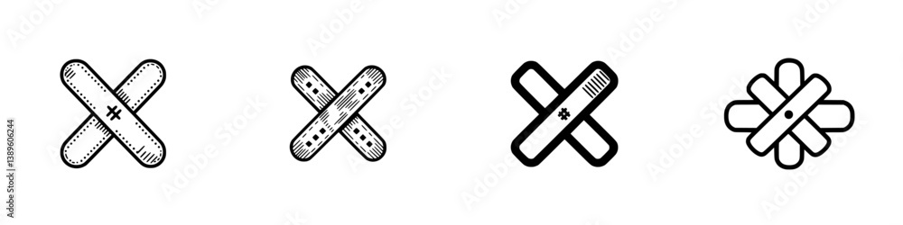 Poster set of minimalist line icons representing different styles of crosses and asterisks for versatile de