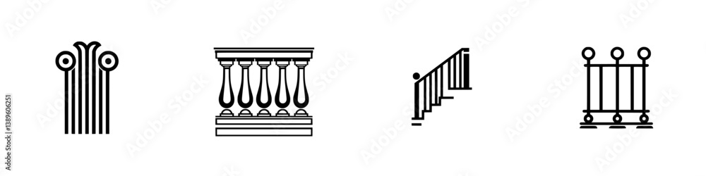 Poster vector minimalist line icons showcasing architectural elements including columns, balusters, railing