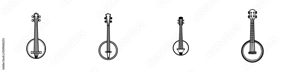 Aufkleber collection of minimalist line icons depicting various banjo designs for digital and print use