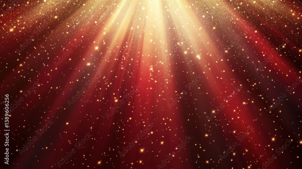 Poster glowing light rays and sparkling dust in red background