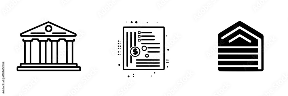Poster set of minimalist line icons representing architecture, financial documents, and building structures