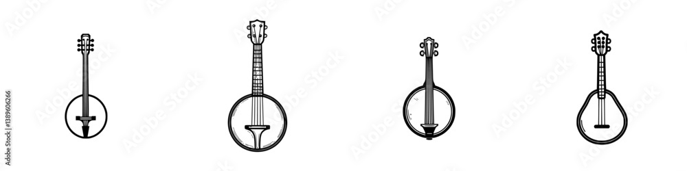 Poster minimalist line icons representing various banjo designs for artistic and creative projects
