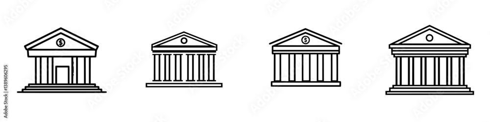 Poster collection of minimalist line icons depicting various types of classical buildings and structures in