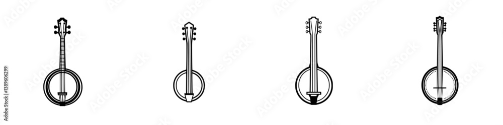 Poster set of minimalist line icons showcasing various styles of banjos with unique shapes and designs in a
