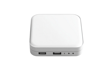 Sleek white portable power bank multiple USB ports convenient travel charger clean design aesthetic