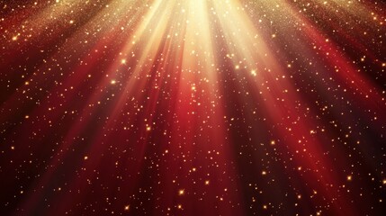Glowing Light Rays and Sparkling Dust in Red Background