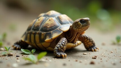 Obraz premium A small shelled reptile slowly making its way across the ground, amidst tiny green plants and scattered particles