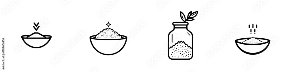 Poster vector minimalist line icons representing various types of salt in different containers and settings