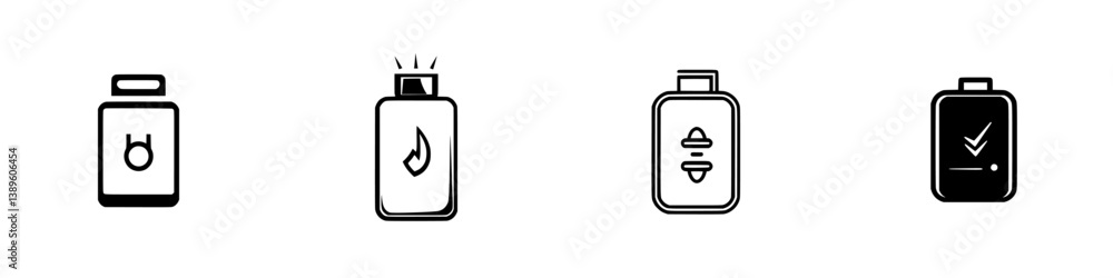 Poster minimalist line icons collection featuring various container designs and symbols representing differ