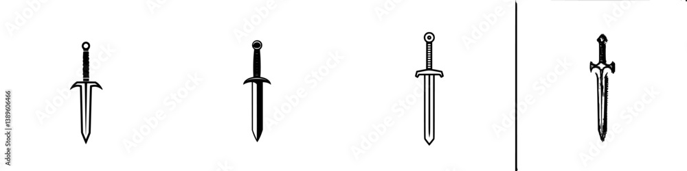 Poster collection of minimalist line icons featuring various sword designs for graphic design projects and 