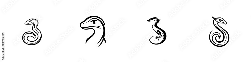 Poster vector minimalist line icons featuring stylized snake and dinosaur designs suitable for graphic desi