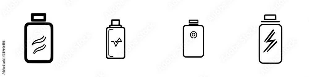 Poster collection of minimalist vector line icons representing various bottle designs for branding and grap