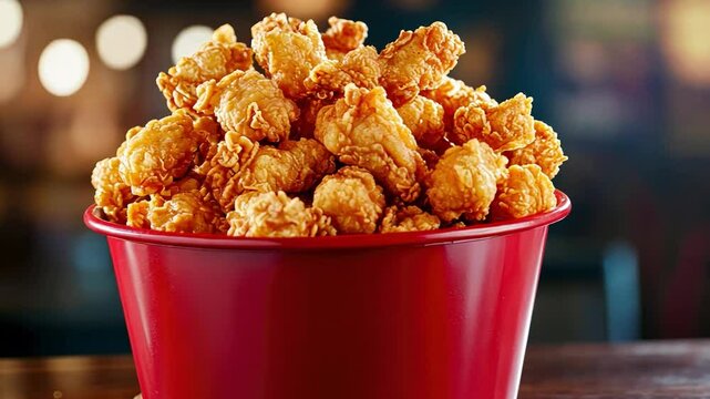 Crispy Fried Chicken in Red Bucket with Golden Crunchy Texture Perfect for Hunger Pangs, Fast Food, or Family Feast in a Restaurant Setting