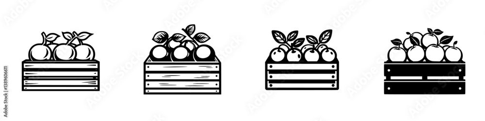 Poster collection of minimalist vector line icons featuring fruit crates with apples and oranges in creativ