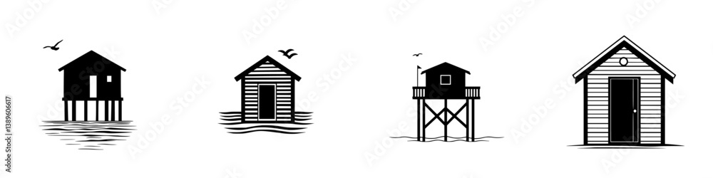 Poster minimalist vector line icons depicting various seaside hut designs and structures in a coastal setti