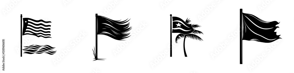 Poster set of vector minimalist line icons featuring flags with various designs and styles for versatile gr