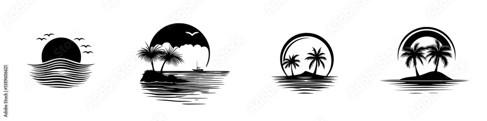 Poster minimalist vector line icons depicting serene beach landscapes with palm trees and sunsets for desig