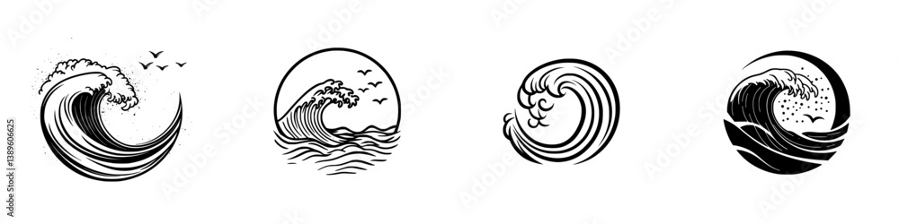 Aufkleber collection of minimalist vector line icons depicting ocean waves in various styles and shapes