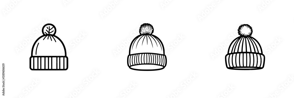 Poster vector minimalist line icons displaying three different winter beanie designs with pom-poms on top