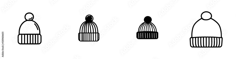 Poster Collection of minimalist line icons showcasing various styles of beanie hats designed for modern graphics