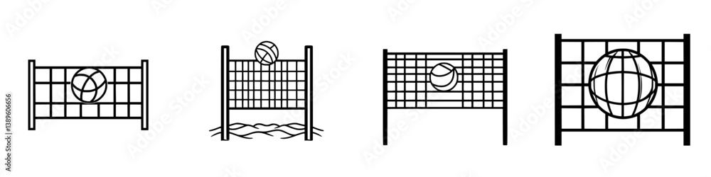 Poster minimalist line icons representing volleyball game elements in various settings and stages of play