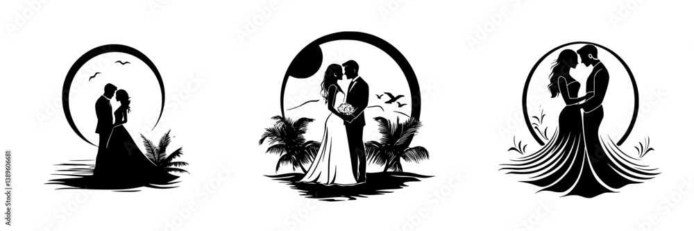 Poster minimalist line icons depicting romantic couples in nature settings with circular frames and element