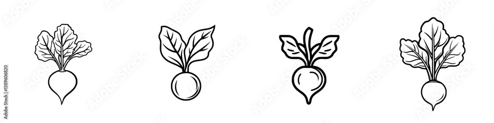 Poster set of minimalist line icons featuring different styles of radishes in various orientations and pers