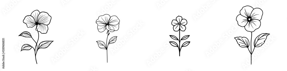 Poster set of minimalist line icons featuring various flower designs for use in botanical themes and creati