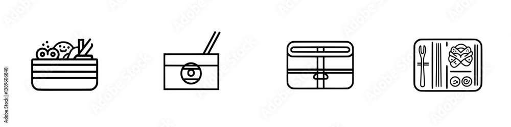 Poster set of minimalist line icons representing various types of food containers and meals for culinary de