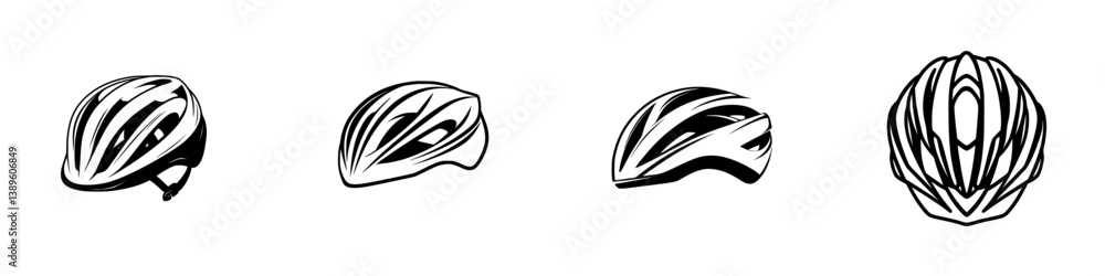 Poster collection of minimalist line icons representing various bicycle helmets showcasing different angles