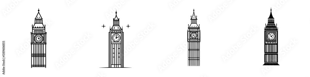 Poster collection of minimalist line icons representing a famous clock tower landmark in various styles