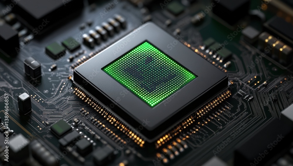 Poster Detailed Close Up of Central Processing Unit Chip with Green Internal Circuitry on Dark Circuit Board