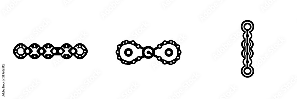 Poster set of minimalistic vector line icons depicting bicycle chains in various designs and orientations