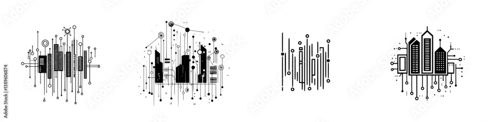Poster set of minimalist line icons representing urban development, technology, and construction elements i
