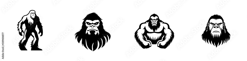 Poster set of vector minimalist line icons depicting various stylized gorilla figures for graphic design us
