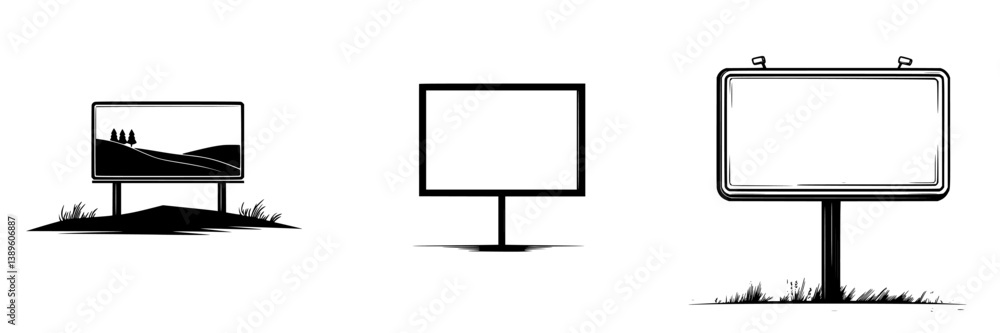 Poster vector minimalist line icons featuring blank billboards in various styles for graphic design and adv