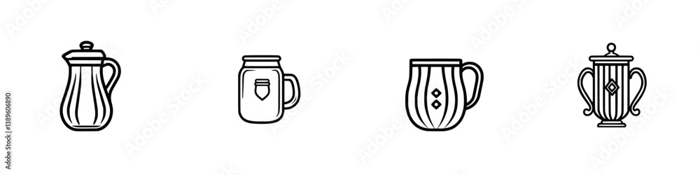 Poster minimalist line icons set featuring various types of beverage containers designed for modern graphic