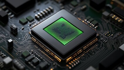 Detailed Close Up of Central Processing Unit Chip with Green Internal Circuitry on Dark Circuit Board