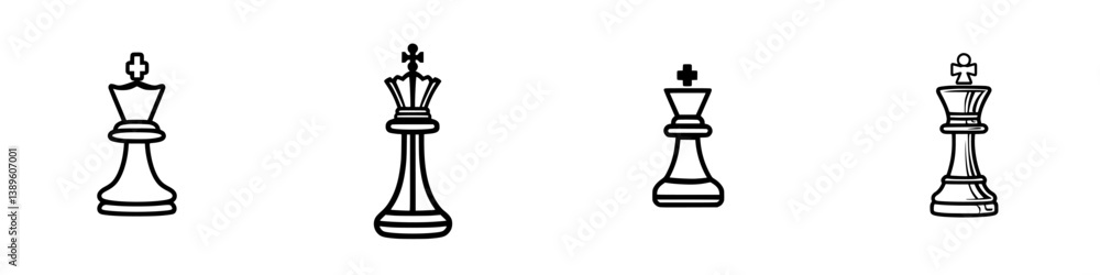 Poster set of minimalist line icons representing chess kings in various styles and designs suitable for dig